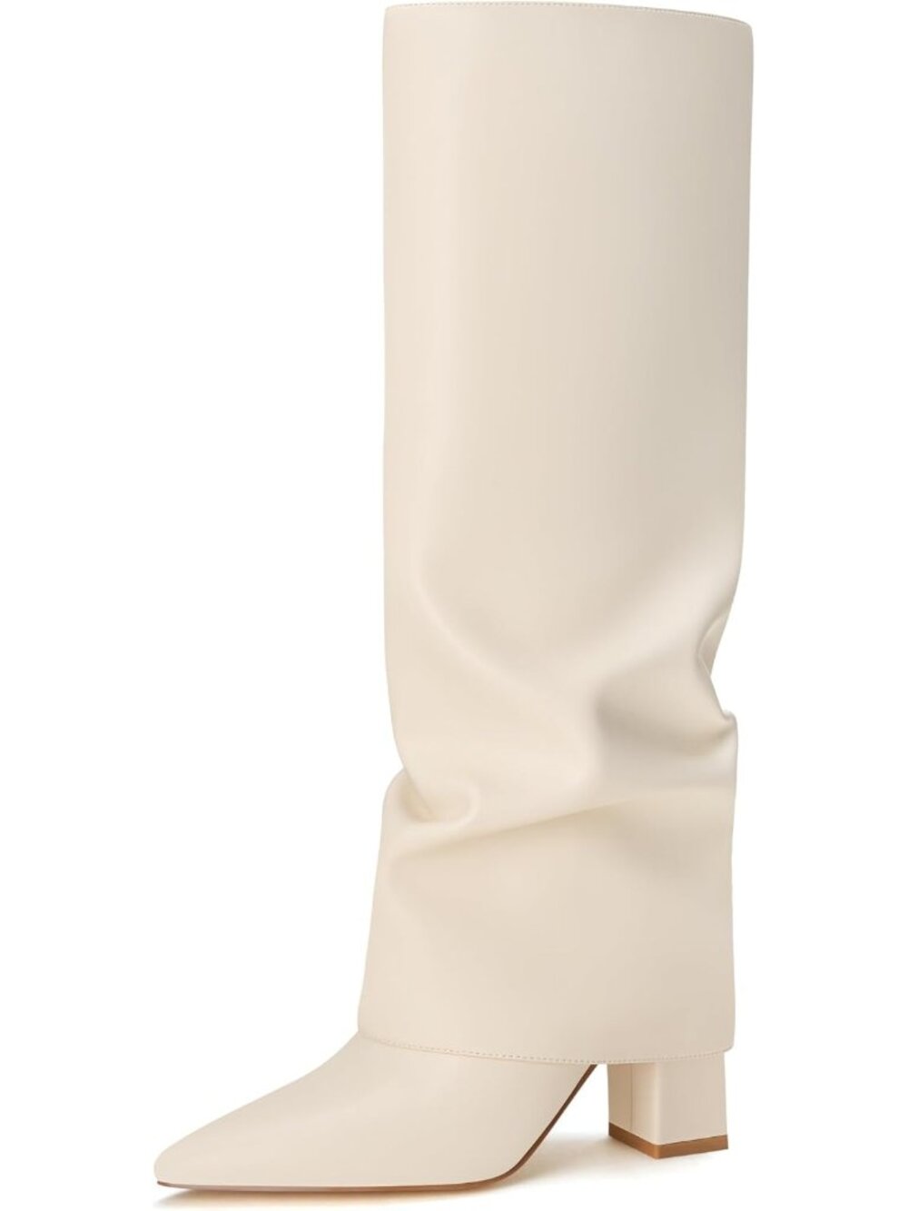 Women's Beige Slouchy Knee High Boots Fold Over Chunky Heel Pointed Toe Boots